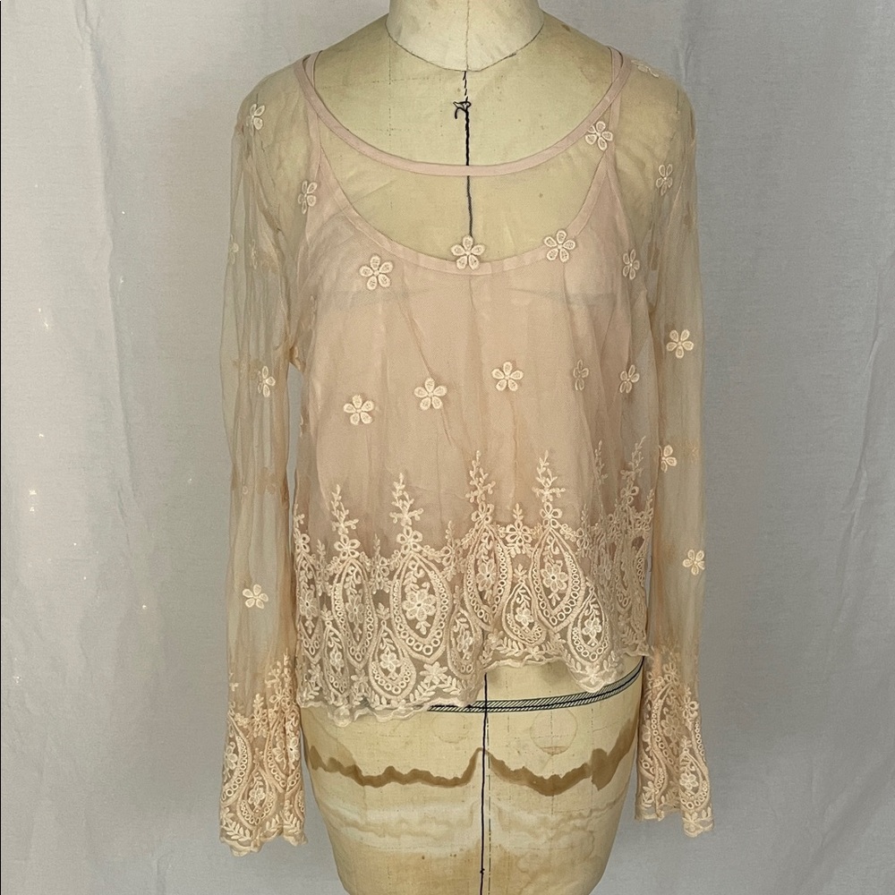 Gab Kate Sheer Floral Lace Blouse Size Medium NWT